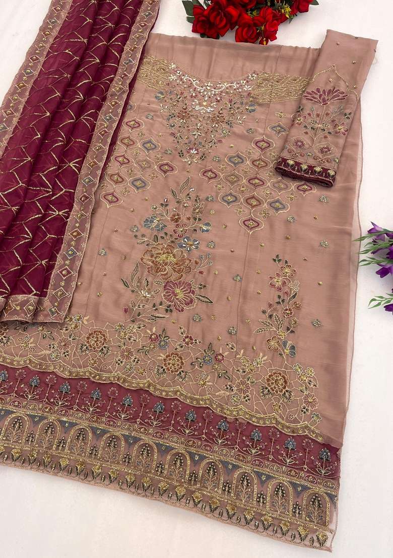 Brown Embroidered Chiffon Salwar Kameez - Indya