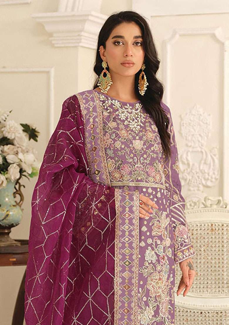 Purple Embroidered Chiffon Salwar Kameez - Indya