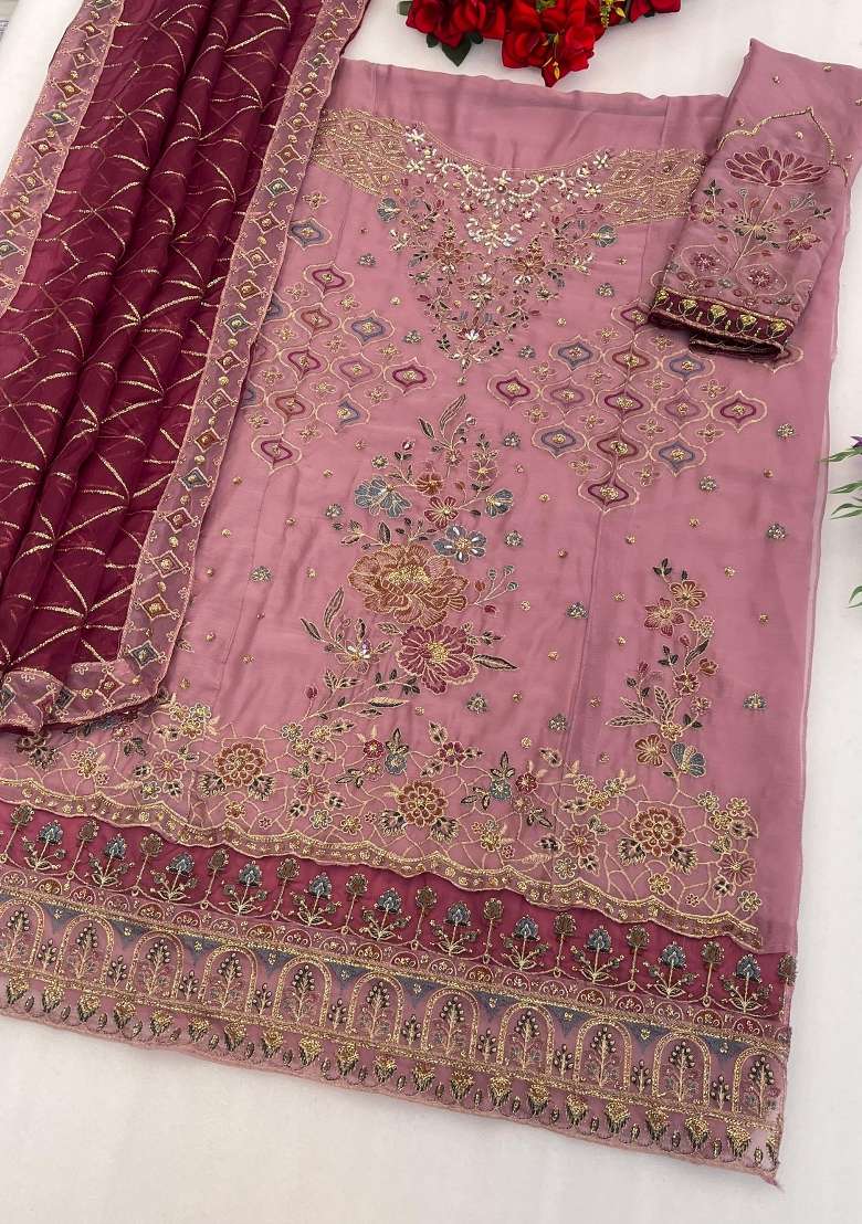 Purple Embroidered Chiffon Salwar Kameez - Indya