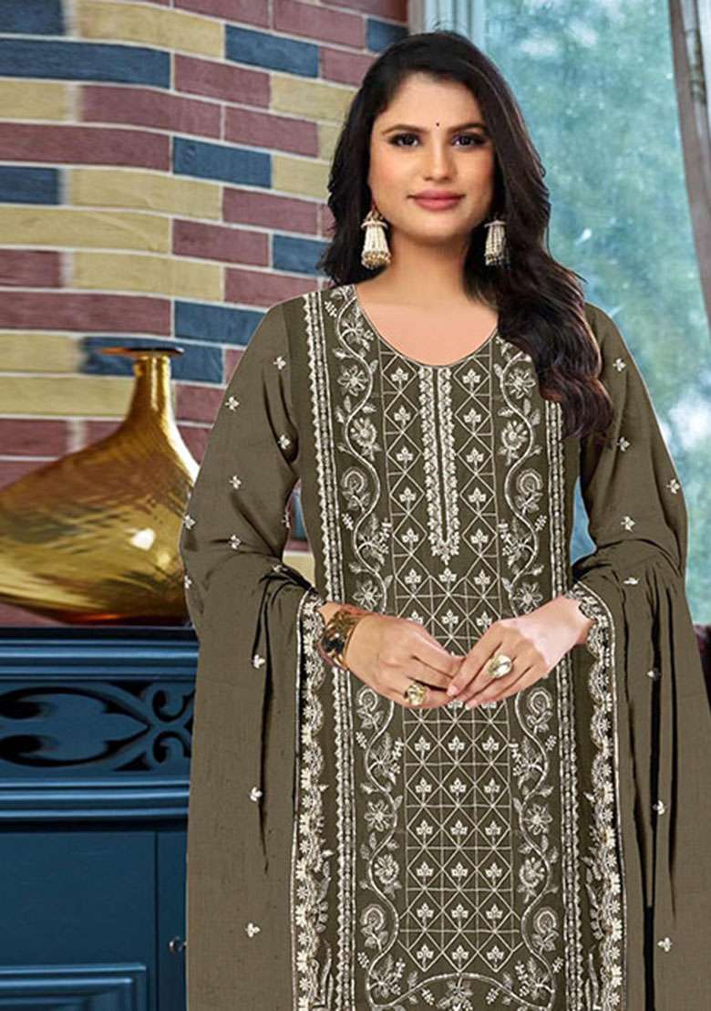 Mehendi Embroidered Silk Blend Salwar Kameez - Indya