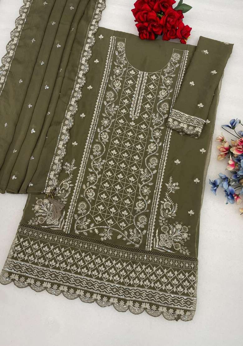 Mehendi Embroidered Silk Blend Salwar Kameez - Indya