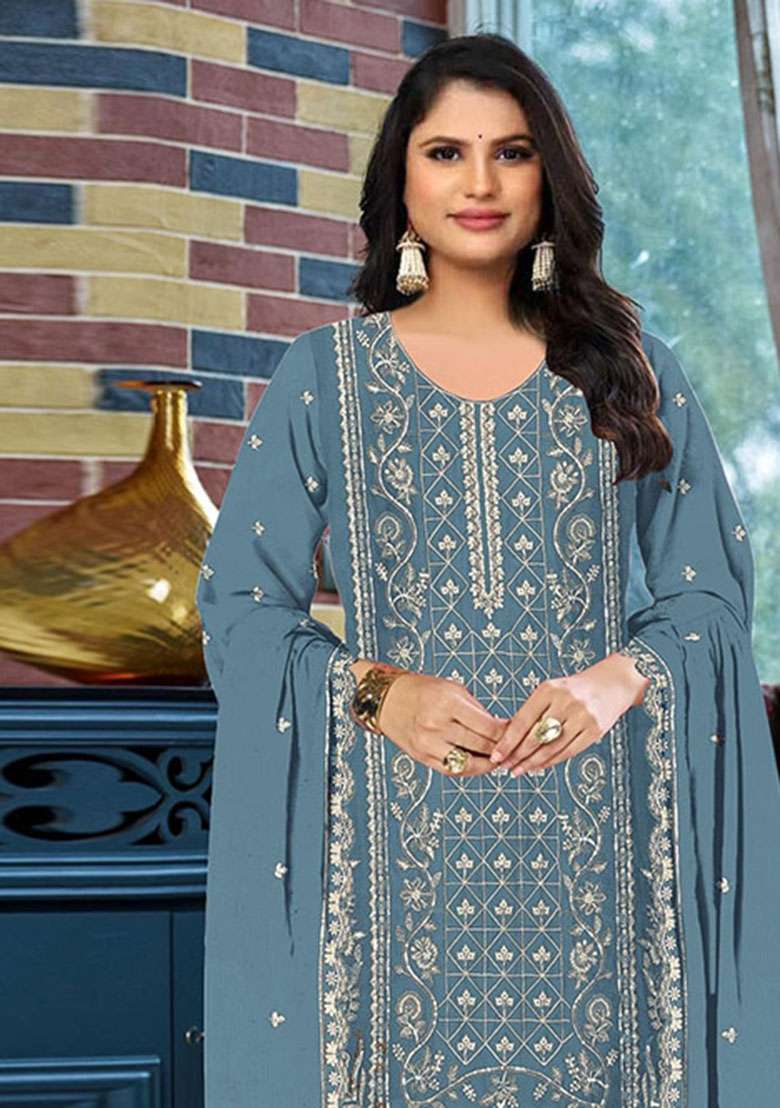 Blue Embroidered Silk Blend Salwar Kameez - Indya