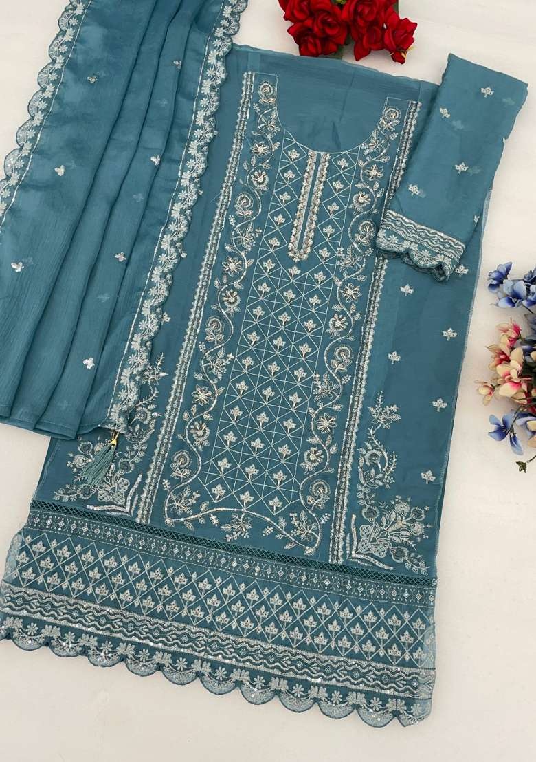 Blue Embroidered Silk Blend Salwar Kameez - Indya