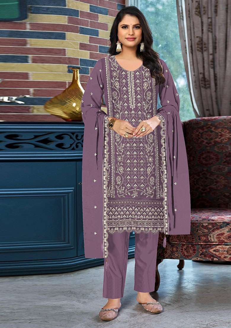Purple Embroidered Silk Blend Salwar Kameez - Indya