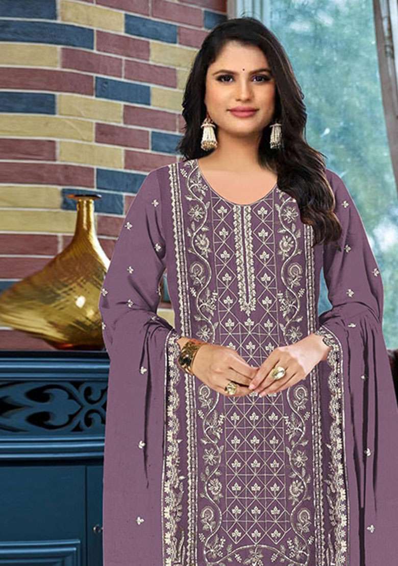 Purple Embroidered Silk Blend Salwar Kameez - Indya