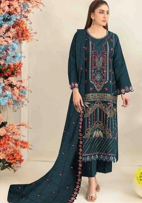 Teal Blue Embroidered Silk Salwar Kameez