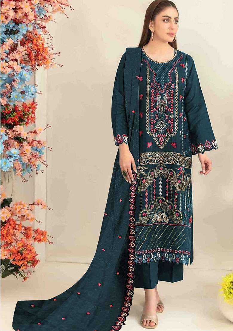 Teal Blue Embroidered Silk Blend Salwar Kameez - Indya