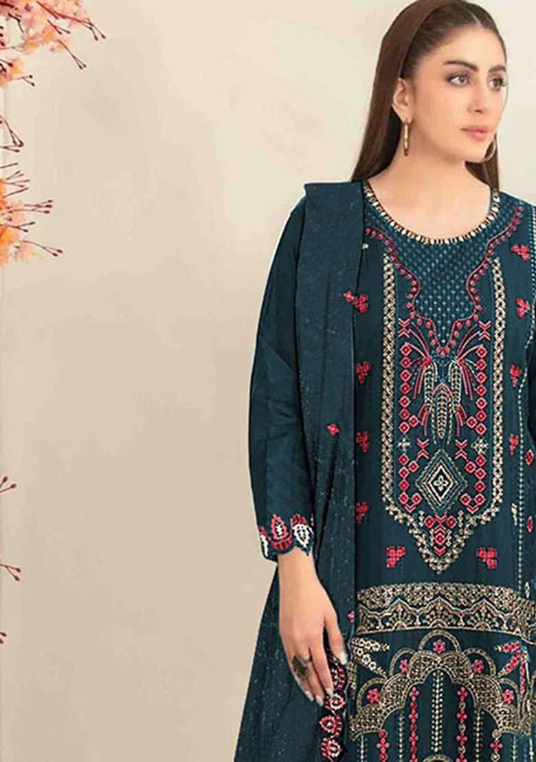 Teal Blue Embroidered Silk Blend Salwar Kameez - Indya