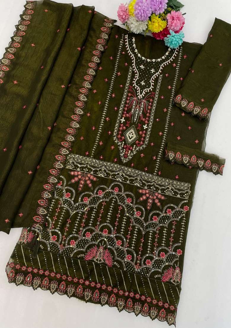 Mehendi Embroidered Silk Blend Salwar Kameez - Indya