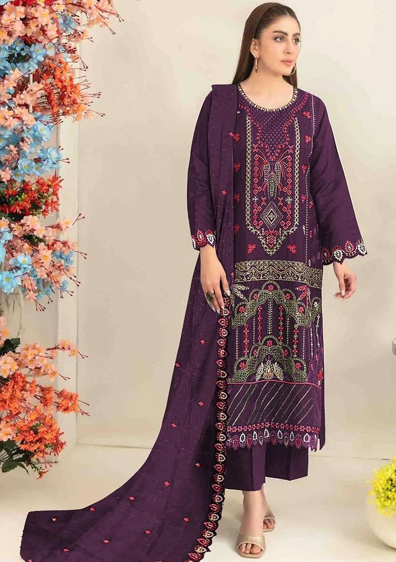 Purple Embroidered Silk Blend Salwar Kameez - Indya