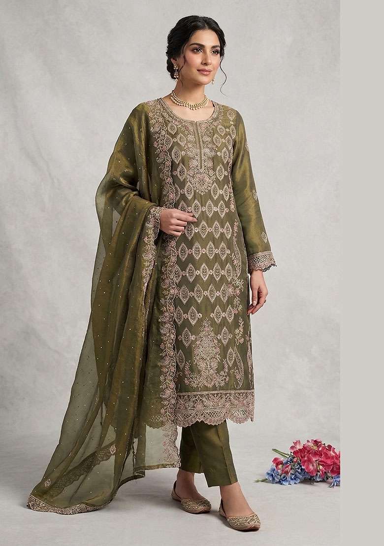 Mehendi Embroidered Silk Blend Salwar Kameez - Indya