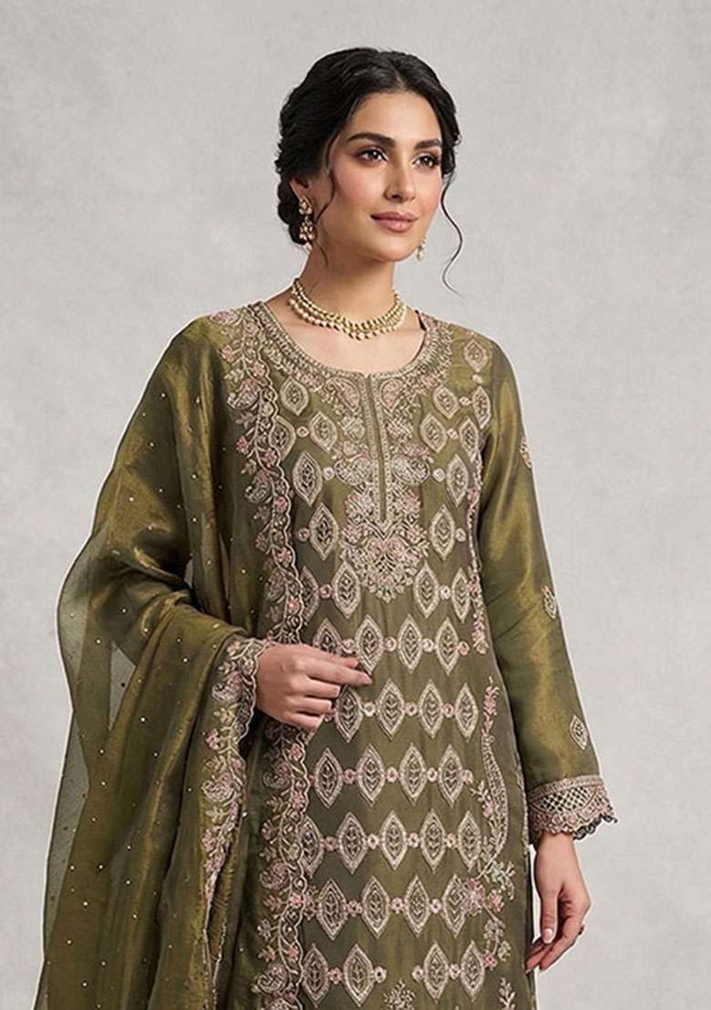Mehendi Embroidered Silk Blend Salwar Kameez - Indya