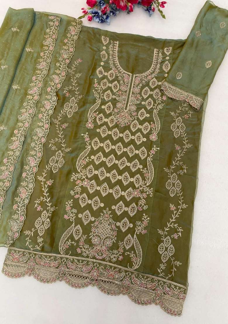 Mehendi Embroidered Silk Blend Salwar Kameez - Indya
