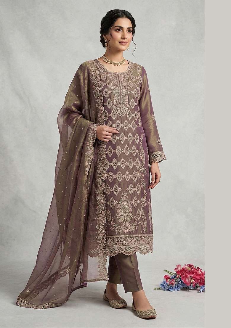 Purple Embroidered Silk Blend Salwar Kameez - Indya
