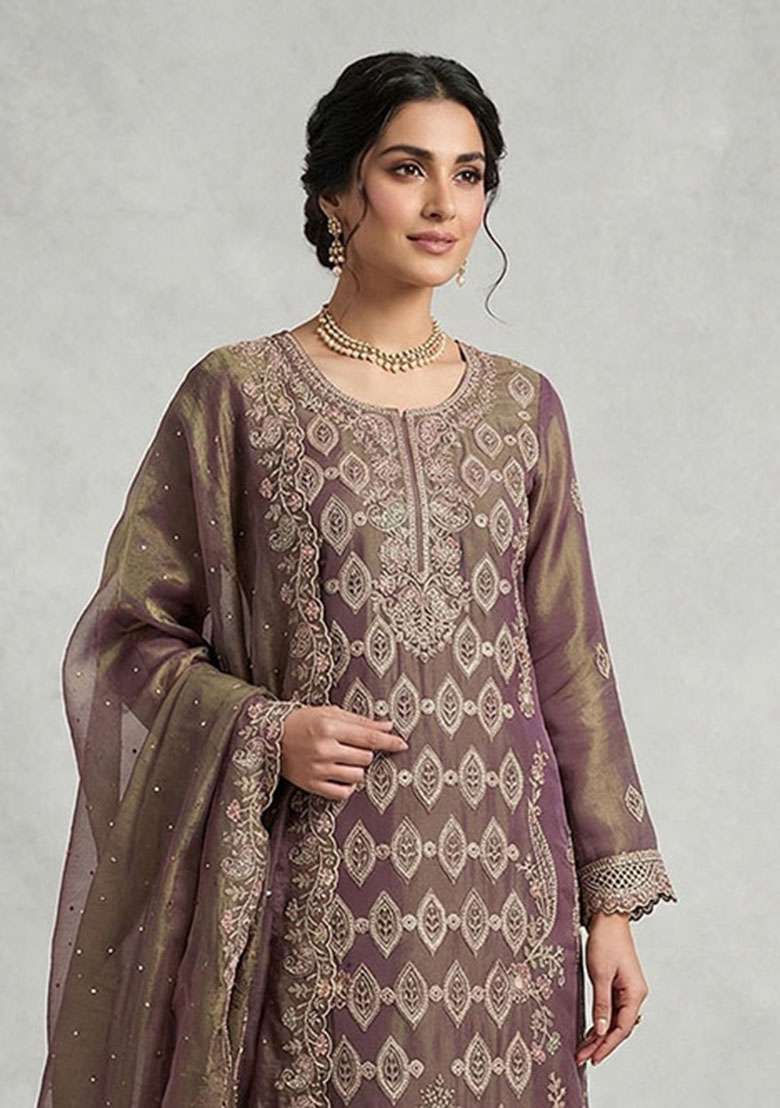 Purple Embroidered Silk Blend Salwar Kameez - Indya