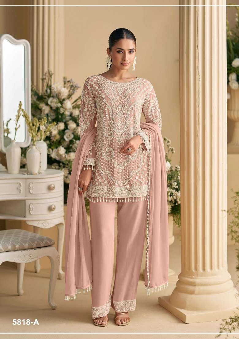 Peach Embroidered Georgette Co Ord Set - Indya