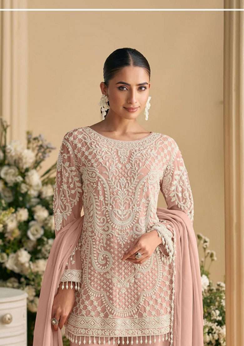 Peach Embroidered Georgette Co Ord Set - Indya