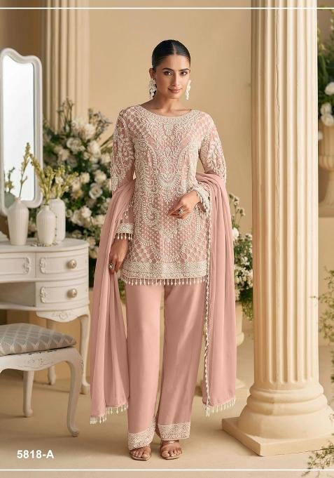 Peach Embroidered Georgette Co Ord Set