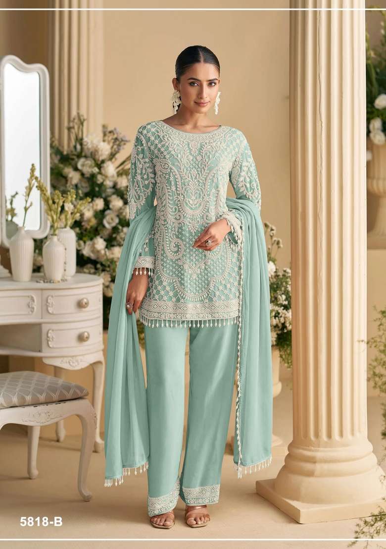 Sky Blue Embroidered Georgette Co Ord Set - Indya