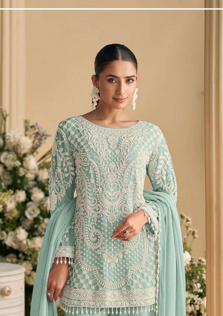 Sky Blue Embroidered Georgette Co Ord Set - Indya