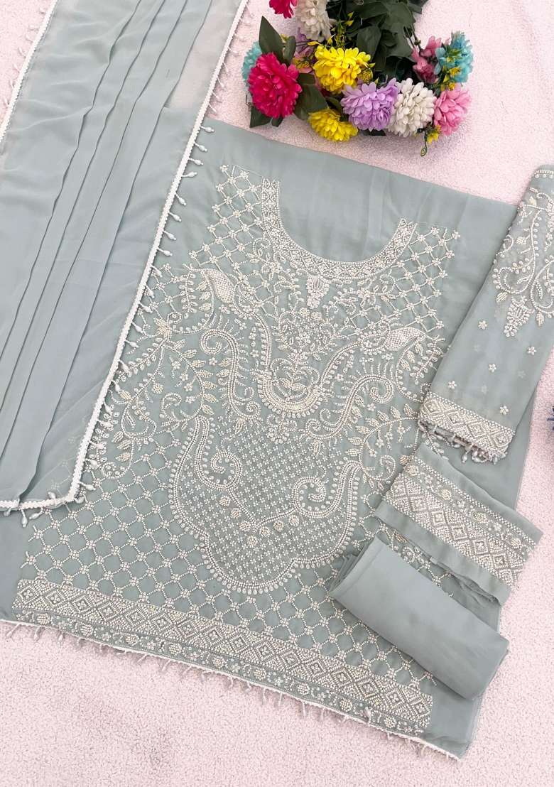 Sky Blue Embroidered Georgette Co Ord Set - Indya