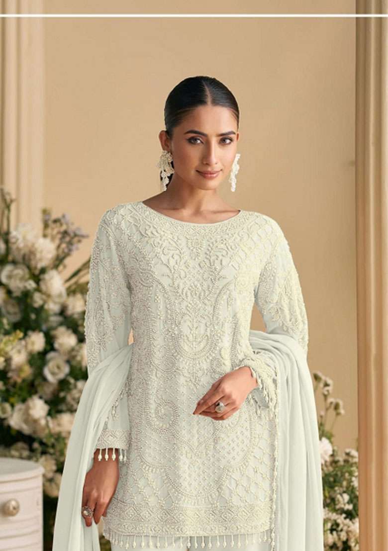 White Embroidered Georgette Co Ord Set - Indya