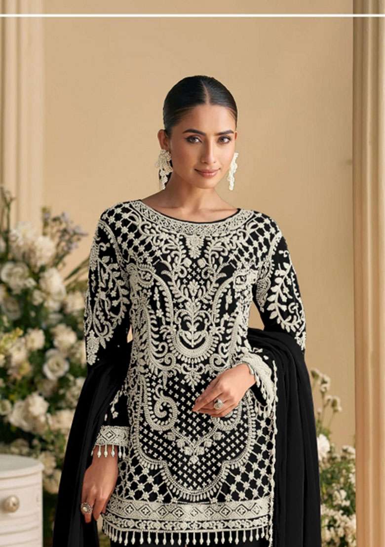 Black Embroidered Georgette Co Ord Set - Indya