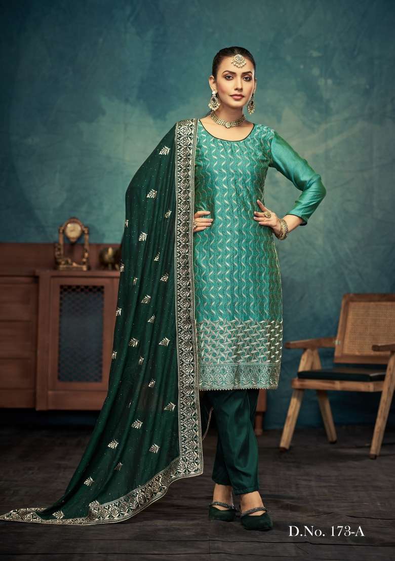 Light Green Embroidered Silk Blend Salwar Kameez - Indya