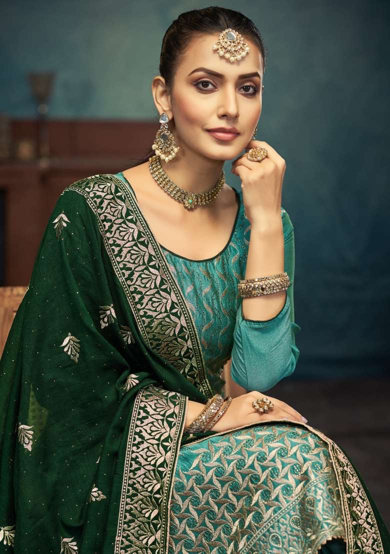 Light Green Embroidered Silk Blend Salwar Kameez - Indya