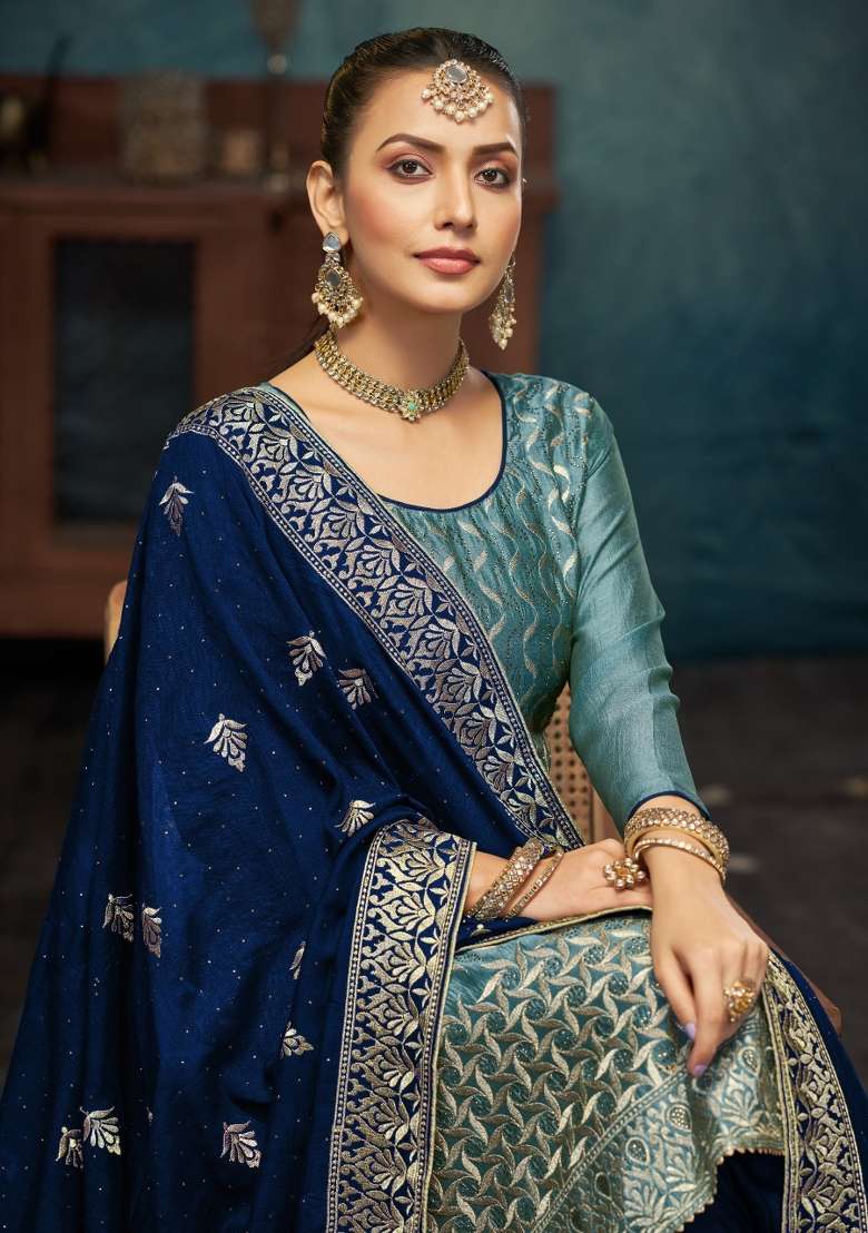 Light Teal Embroidered Silk Blend Salwar Kameez - Indya