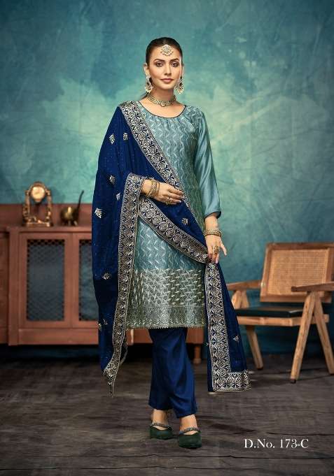 Light Teal Embroidered Silk Blend Salwar Kameez