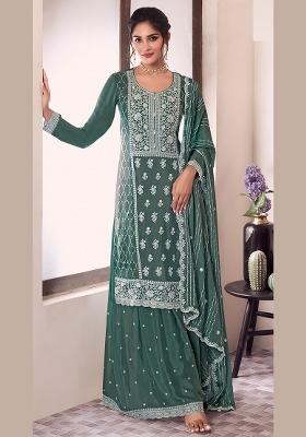 Green Embroidered Silk Blend Salwar Kameez