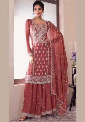 Peach Embroidered Silk Salwar Kameez
