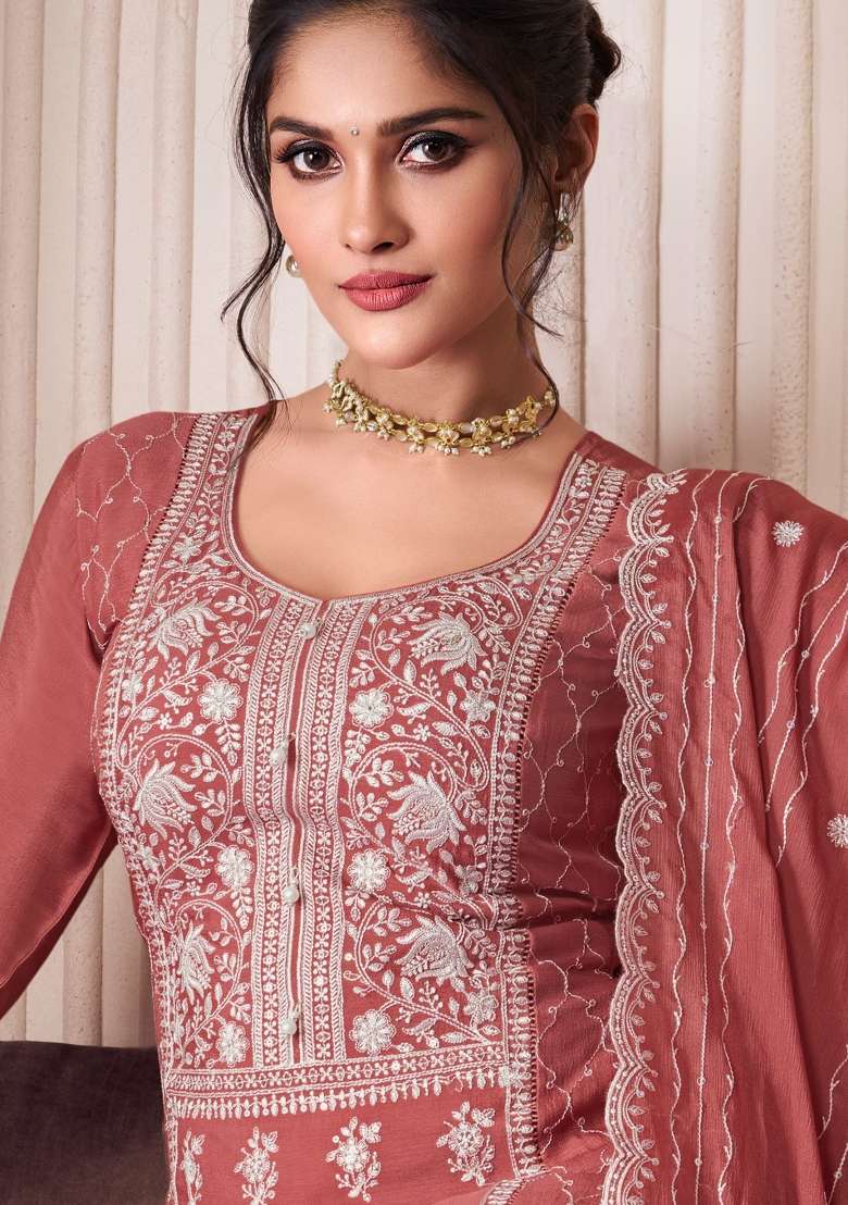 Peach Embroidered Silk Blend Salwar Kameez - Indya
