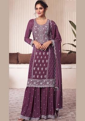 Wine Embroidered Silk Salwar Kameez