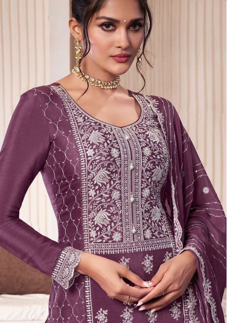 Wine Embroidered Silk Blend Salwar Kameez - Indya