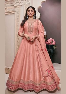 Peach Embroidered Silk Kurta With Dupatta
