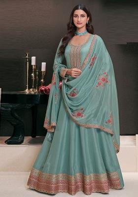 Teal Embroidered Silk Blend Kurta With Dupatta