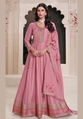 Pink Embroidered Silk Kurta With Dupatta