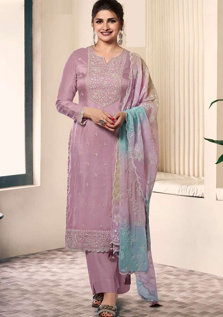 Lavender Embroidered Silk Blend Salwar Kameez - Indya