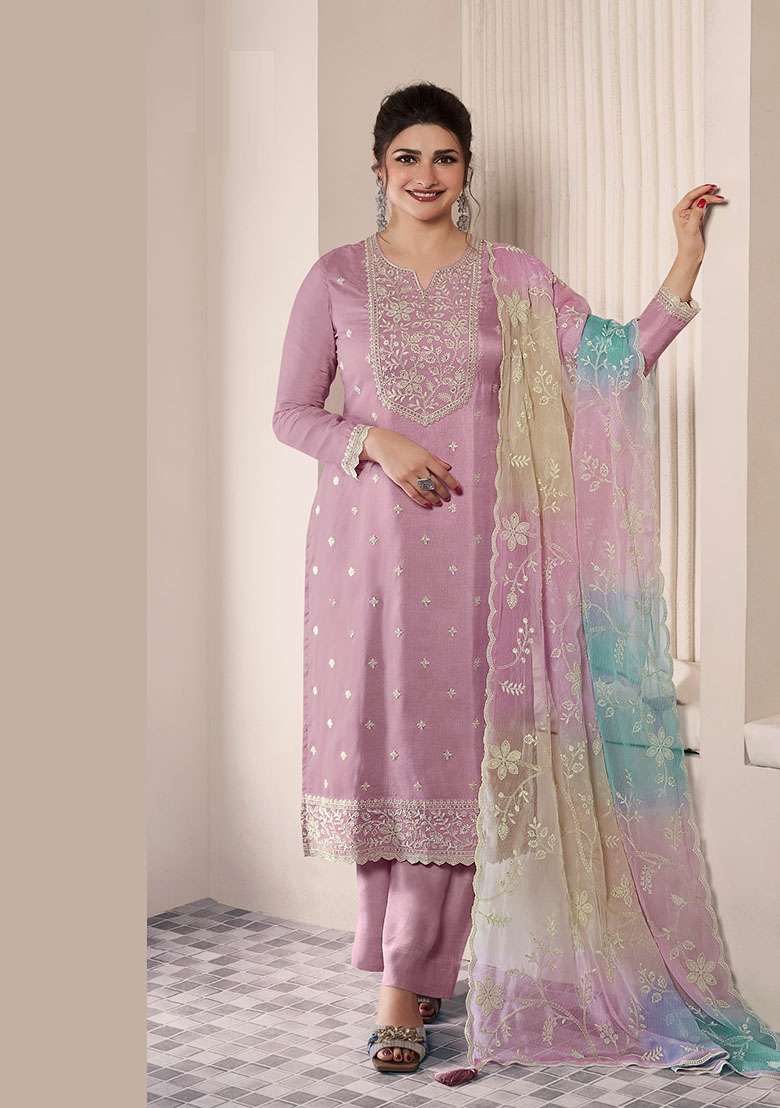Lavender Embroidered Silk Blend Salwar Kameez - Indya
