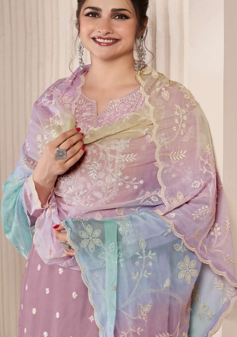 Lavender Embroidered Silk Blend Salwar Kameez - Indya
