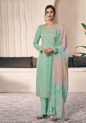 Green Embroidered Silk Blend Salwar Kameez