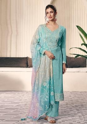 Aqua Blue Embroidered Silk Blend Salwar Kameez