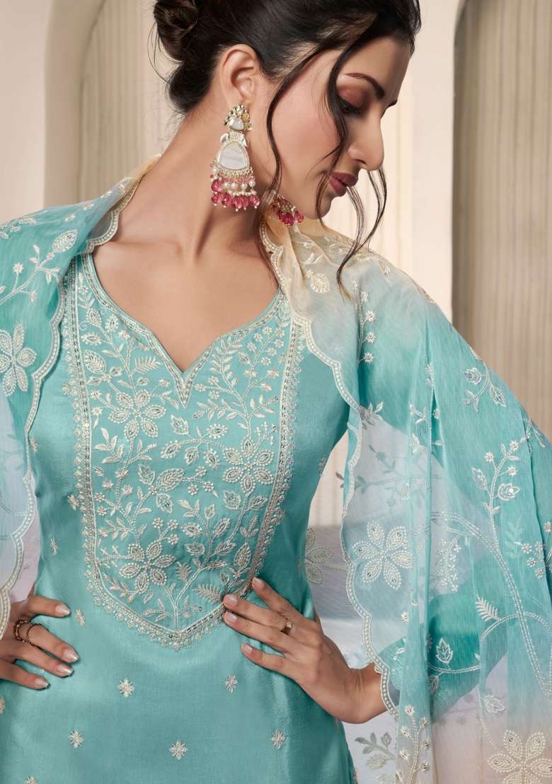 Aqua Blue Embroidered Silk Blend Salwar Kameez - Indya