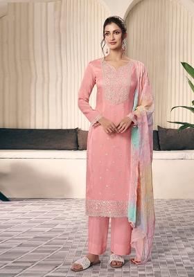 Peach Embroidered Silk Salwar Kameez
