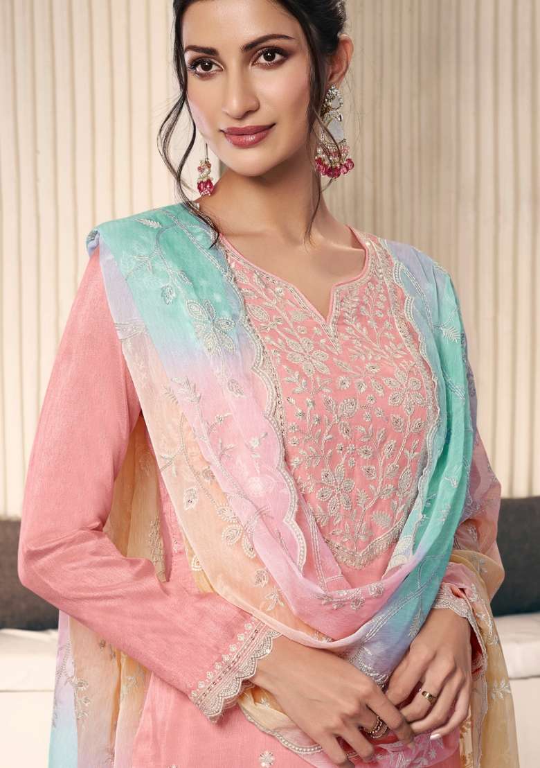 Peach Embroidered Silk Blend Salwar Kameez - Indya