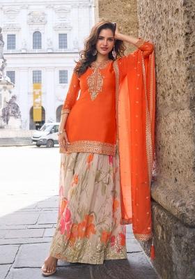 Orange Sequin Work Silk Salwar Kameez