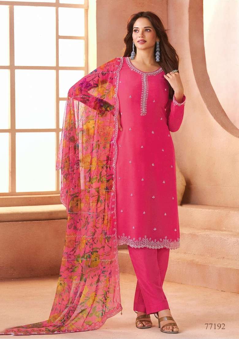 Magenta Printed Chiffon Salwar Kameez - Indya