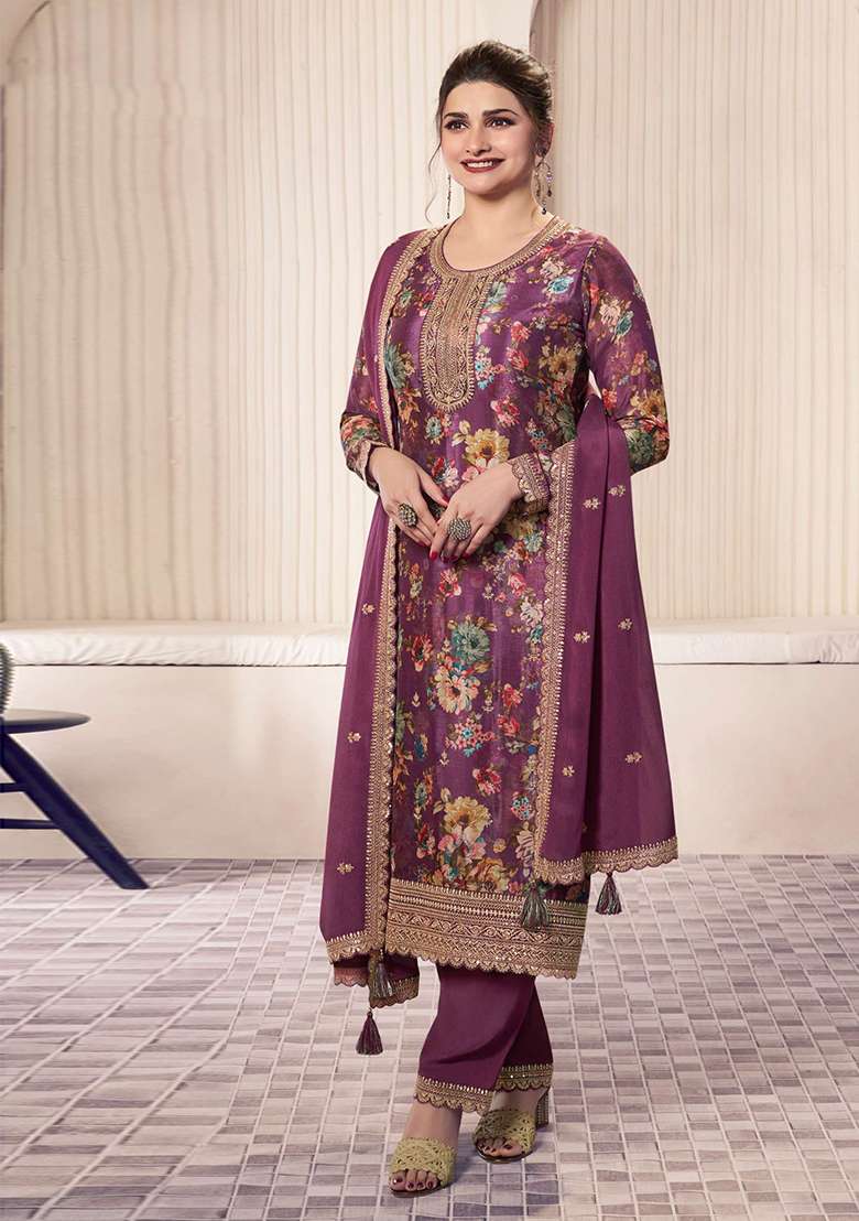 Purple Embroidered Silk Blend Salwar Kameez - Indya